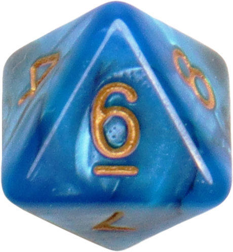 Close-up of a blue eight-sided die with gold numbers, used for tabletop role-playing games like Dungeons & Dragons.