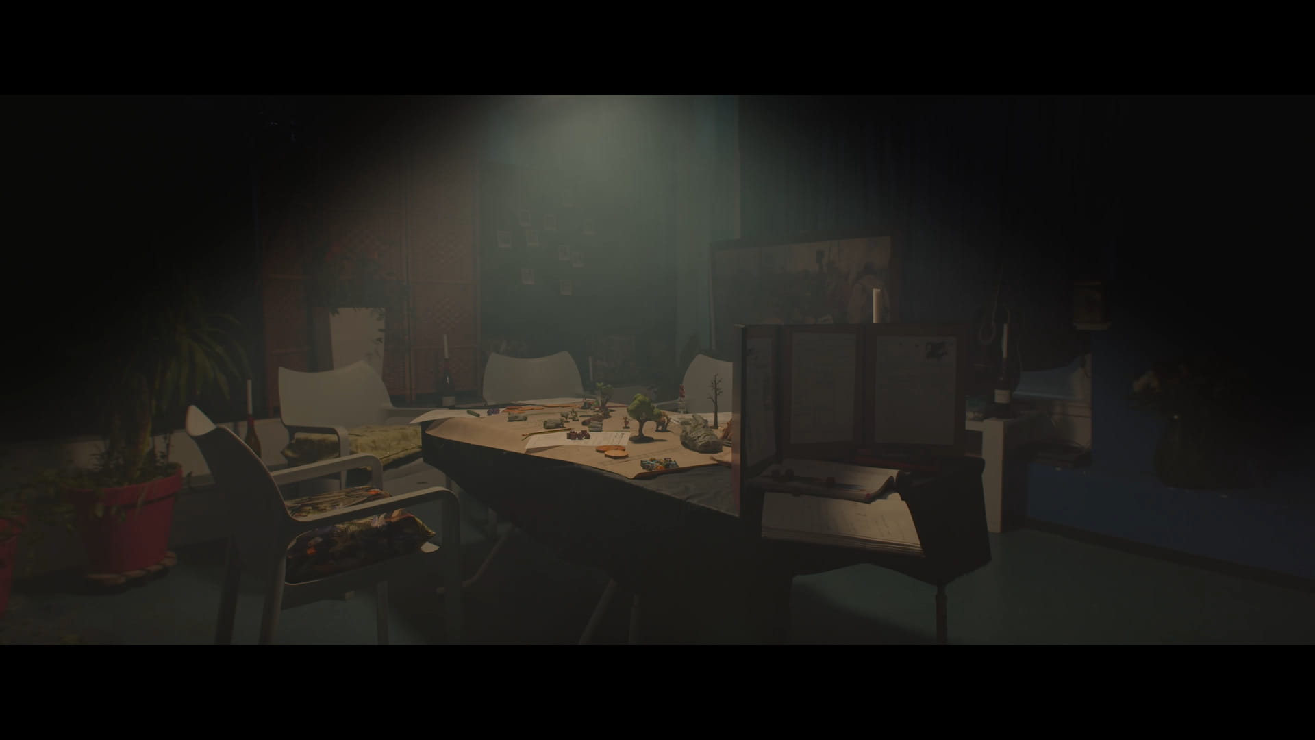 A softly lit Dungeons & Dragons game setup featuring miniatures, dice, and rulebooks on a table, creating an immersive atmosphere.