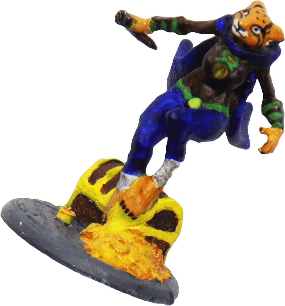 A finely crafted painted game miniature of a tabaxi character leaping with a knife, perfect for role-playing game adventures.