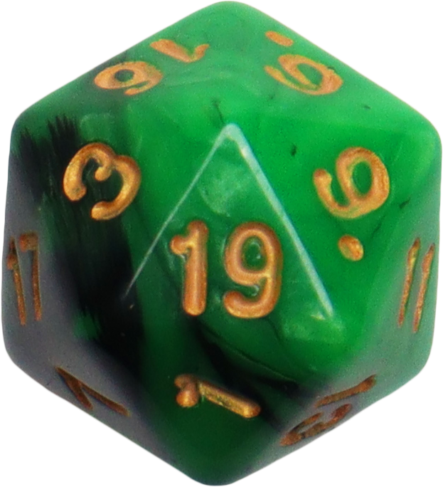 Close-up of a green twenty-sided die with gold numbers, used for tabletop role-playing games like Dungeons and Dragons.