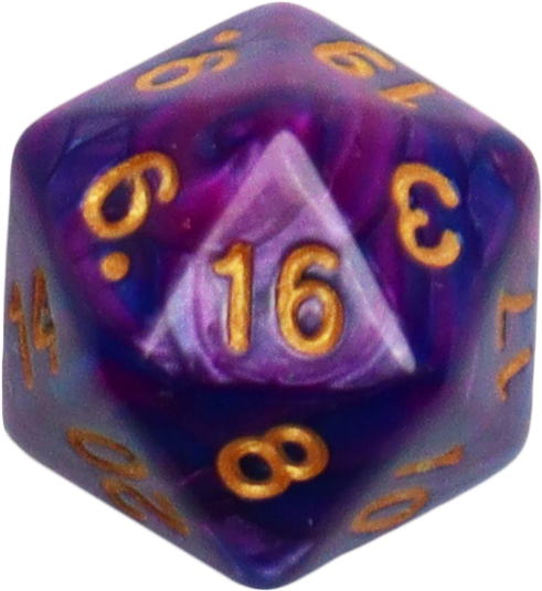Aerial view of a purple twenty-sided die showing the gold number 16. Twenty-sided dice are most commonly associated with Dungeons & Dragons.