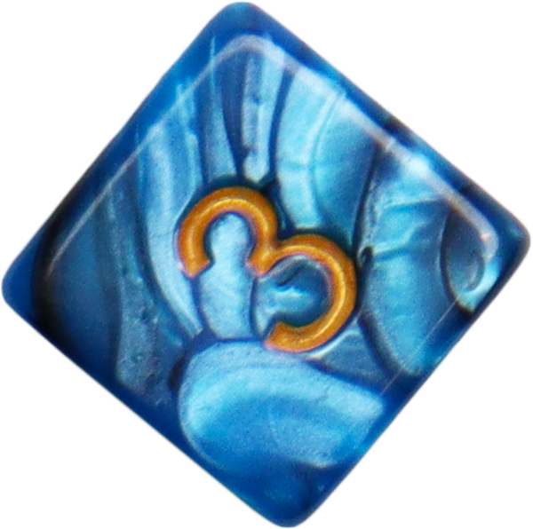 Close-up of a shimmering blue six-sided die (d6) with gold number detailing, ideal for tabletop RPG gameplay.