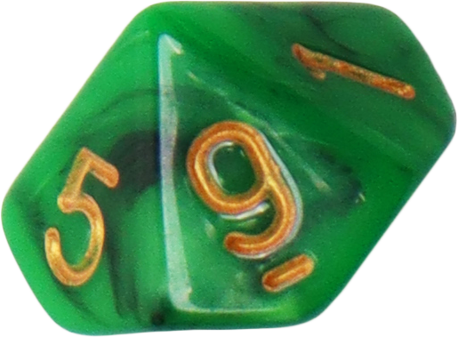 Green ten-sided die showing gold numbers 5 and 9.