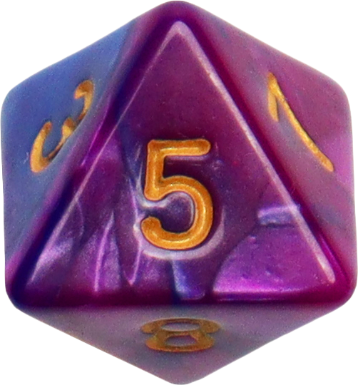 Purple eight-sided die with gold numbers 5 and 8 visible.
