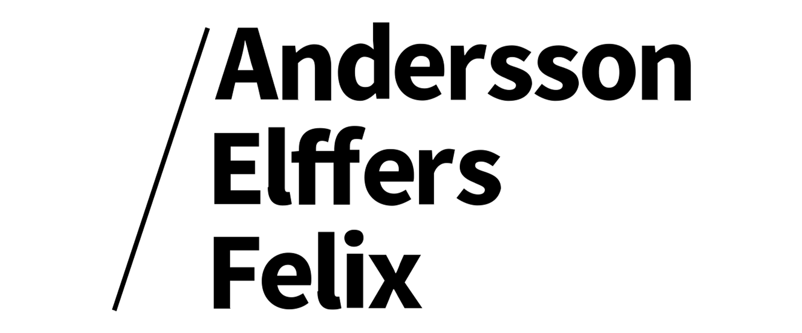 Andersson Elffers Felix logo with stacked black text and a diagonal line.