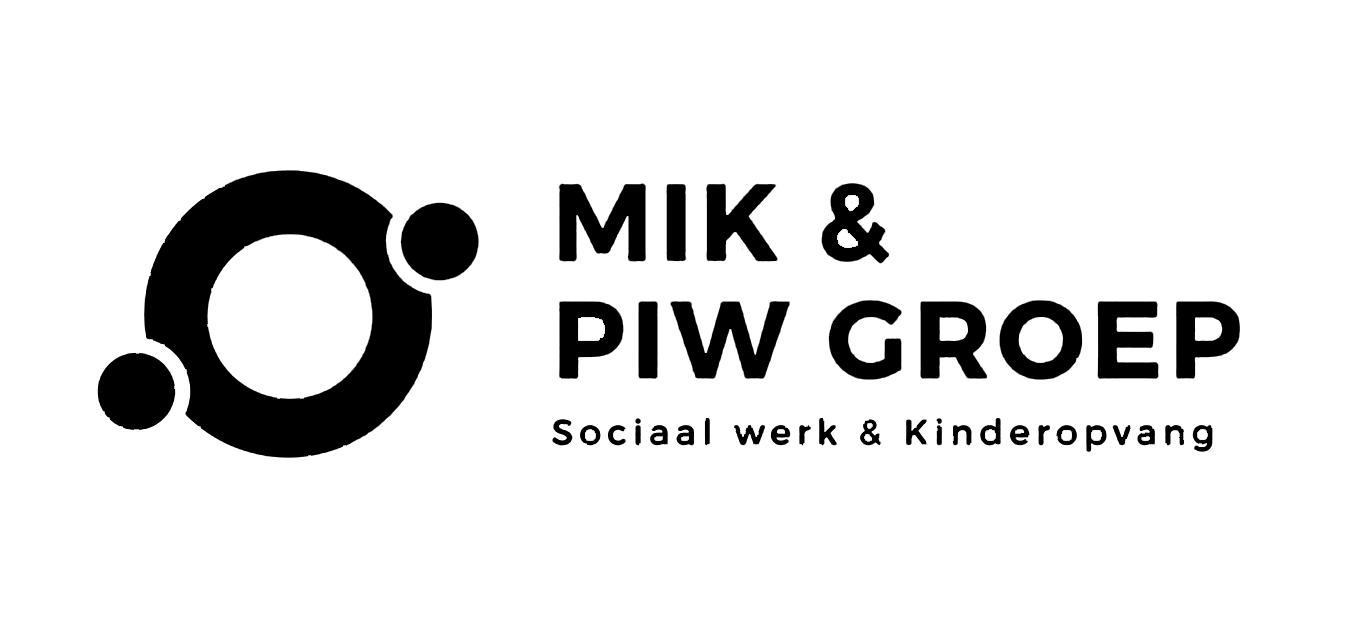 MIK & PIW Groep logo with circular icon and tagline 'Sociaal werk & Kinderopvang'.