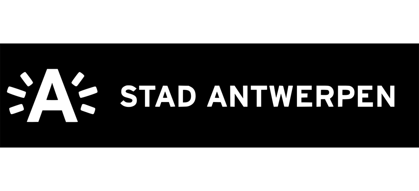 Stad Antwerpen logo with a bold white A and radiating marks on a black background.